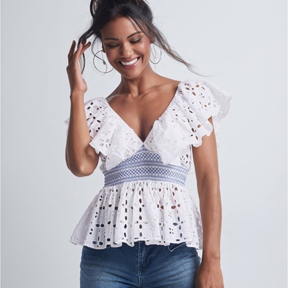 Peplum top. White and blue denim. Brand new